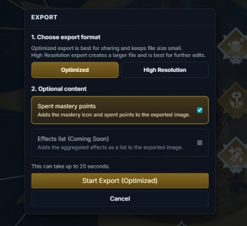 loadout mastery export dialog with optional content