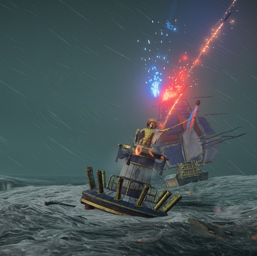 Image of the a turret buoy firing its firework and rockets simultaneously